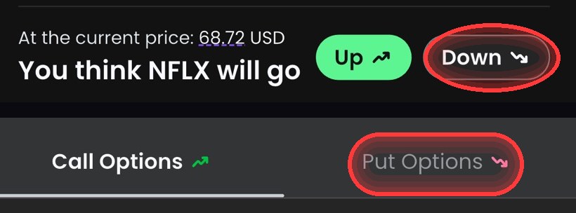 จุดต่างของฝั่ง Put — ปุ่ม Down และแท็บ Put Options